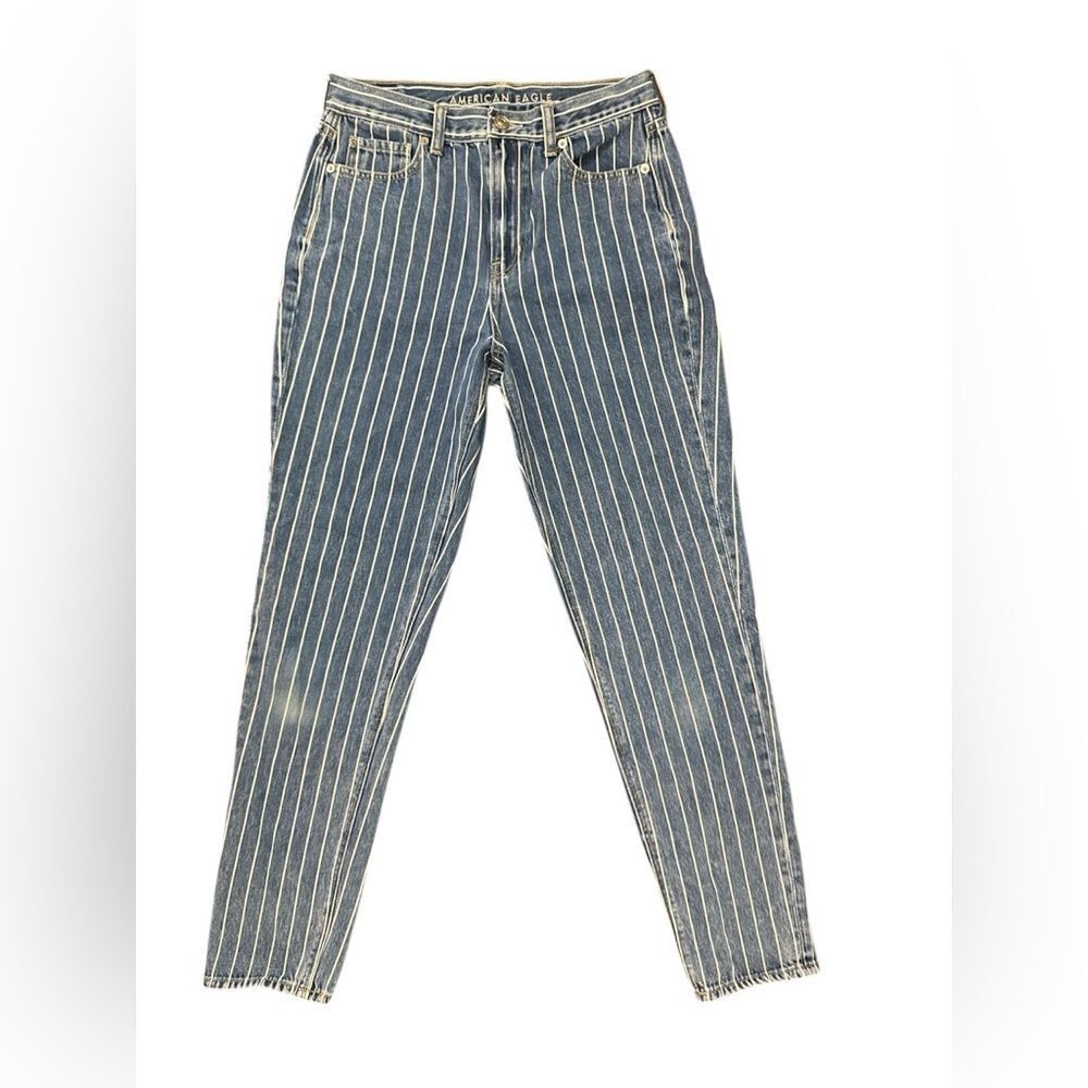 American Eagle Striped Mom Jeans Size 4 Long High Rise Blue White Coastal Denim